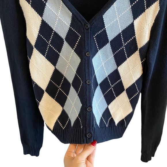 Brandy Melville Elizabeth Argyle Cardigan In Navy Blue & White - Picture 10 of 14